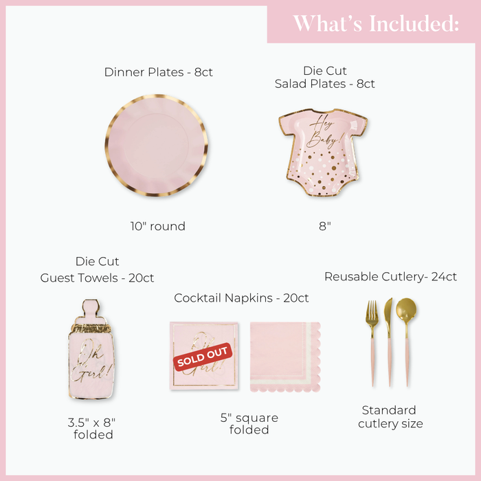 Hey Baby Blush Table Setting by Sophistiplate features elegant pink and gold dinnerware, including round designer paper dinner plates, onesie-shaped disposable salad plates, guest towels, cocktail napkins (currently sold out), and reusable cutlery. With quantities and sizes listed for each item, this beautiful set adds a charming touch to your baby shower celebration.