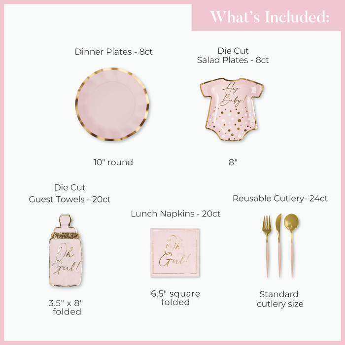 The Hey Baby Blush Table Setting by Sophistiplate LLC includes 8 pink and gold rim plates, 8 “Hey Baby” onesie salad plates, 20 “Oh Girl” guest towels, 20 lunch napkins, and 24 pieces of gold reusable cutlery.