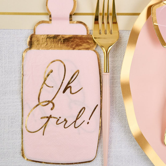 The Hey Baby Blush Table Setting by Sophistiplate LLC features a pink baby bottle-shaped napkin with gold "Oh Girl!" script, paired with a gold fork and pink plate with gold trim—perfect for your party-in-a-box setup.