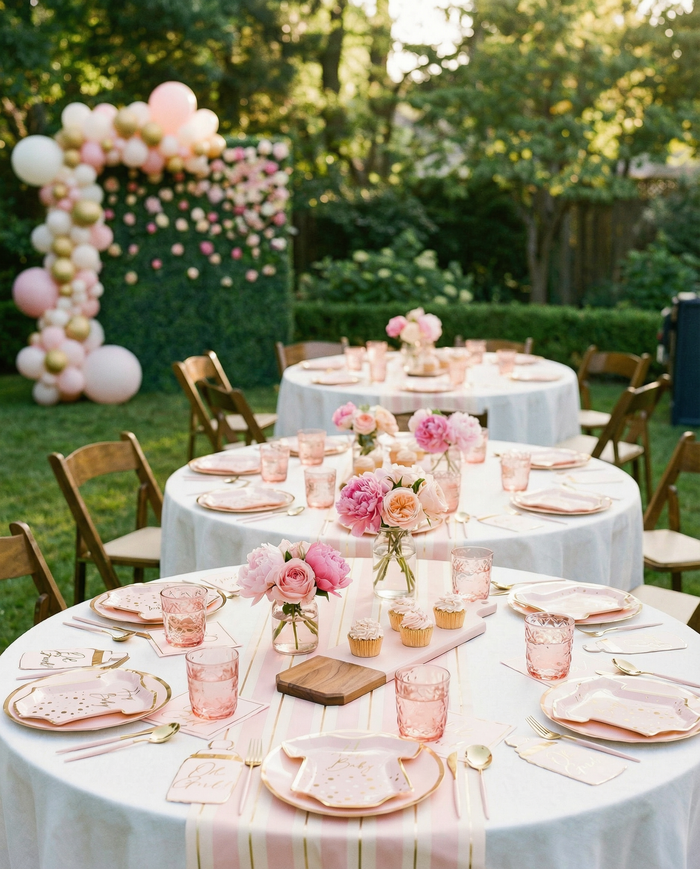 Create an elegant outdoor party with the Hey Baby Blush Table Setting by Sophistiplate—round tables adorned with white and pink linens, pink glassware, floral centerpieces, baby shower plates, cupcakes, wooden chairs, and a pastel balloon arch.