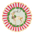 The Sophistiplate Holly Berry Dinner Plates (8pk) feature festive reindeer art with a wreath, green laurel, and red-and-white striped border with gold trim—ideal for adding cheer to your disposable holiday plates collection.