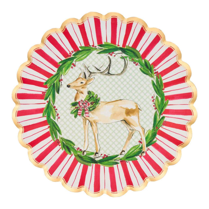 The Sophistiplate Holly Berry Dinner Plates (8pk) feature festive reindeer art with a wreath, green laurel, and red-and-white striped border with gold trim—ideal for adding cheer to your disposable holiday plates collection.