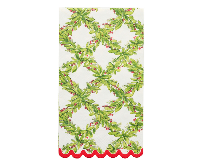 Add festive Christmas flair to your table with Sophistiplate's Holly Berry Guest Towels (20pk), featuring a holly berry and green leaf lattice pattern with red scalloped trim—the perfect decorative napkin for holiday gatherings.