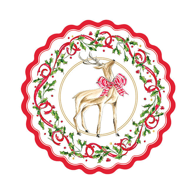 The Sophistiplate Holly Berry Salad Plates (8pk) feature a delightful reindeer adorned with a red and white bow, set against a scalloped white background and surrounded by festive holly, red berries, and ribbon—a perfect choice for those seeking elegant holly berry plates to elevate their holiday table.
