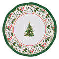 Serve up seasonal cheer with the Sophistiplate Home for the Holidays Salad Plates, a pack of 8 round disposable plates featuring a charming Christmas tree in the center, surrounded by green holly leaves and red berries, and finished with an elegant wavy edge—perfect for festive gatherings!.