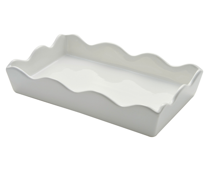 The Sophistiplate Ceramic Guest Towel Napkin Tray is a rectangular white ceramic tray with high sides and wavy, scalloped edges, displayed on a plain background.