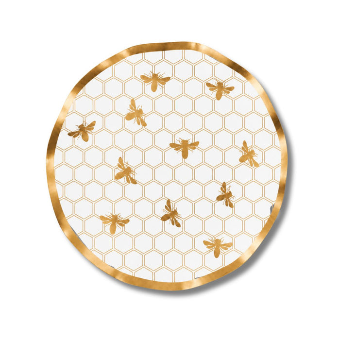 Round white plate with a gold honeycomb pattern, decorated with gold bees scattered across the surface, and a gold rim around the edge—this elegant honeybee design plate adds a charming touch to your table setting. Perfect for special occasions, it offers an elevated alternative to standard black and white party plates.