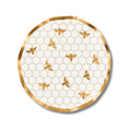 Round white plate with a gold honeycomb pattern, decorated with gold bees scattered across the surface, and a gold rim around the edge—this elegant honeybee design plate adds a charming touch to your table setting. Perfect for special occasions, it offers an elevated alternative to standard black and white party plates.