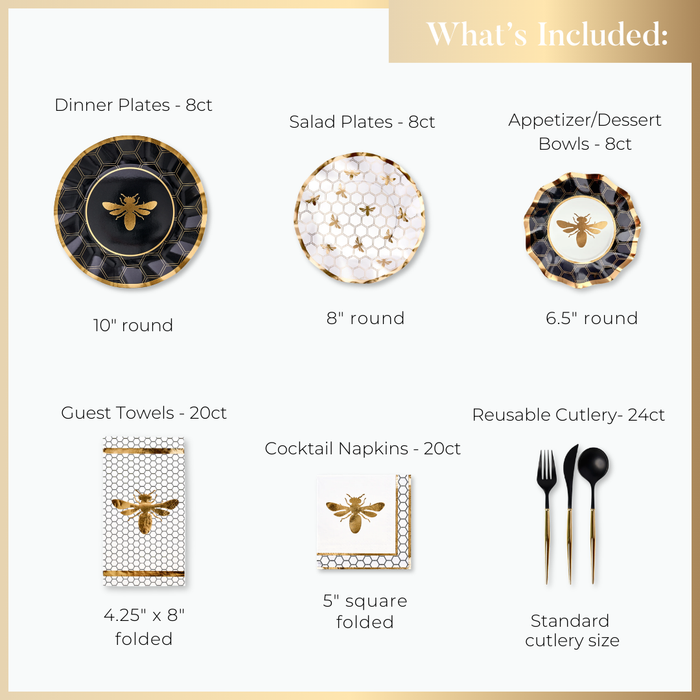 An image shows what's inside the Honeybee Table Setting by Sophistiplate LLC: 8 black plates (10"), 8 white salad plates (8"), 8 dessert bowls (6.5"), 20 guest towels, 20 cocktail napkins, and 24 black/gold cutlery pieces.