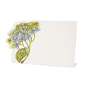 A blank table place card by Hester & Cook, featuring pastel yellow and light blue hydrangea flowers with green leaves in the upper left corner. Hydrangea Place Card - Set of 12. Perfect for your next gathering.