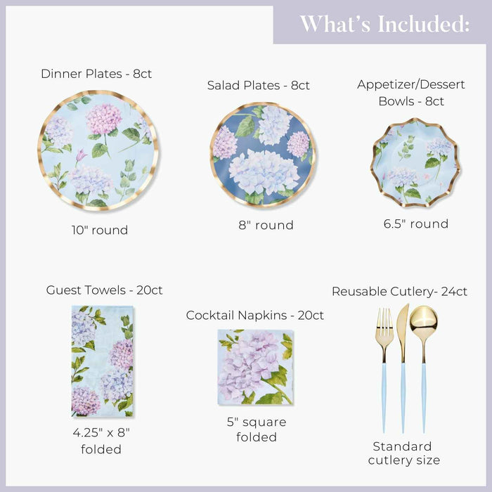 The Hydrangea Table Setting by Sophistiplate includes designer floral plates, bowls, guest towels, cocktail napkins, and gold/blue reusable cutlery. Each item’s size and quantity are labeled underneath.