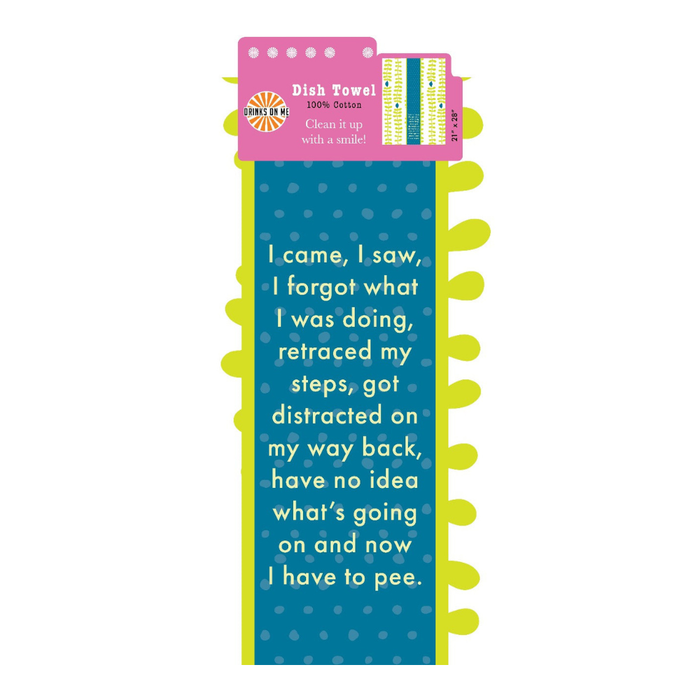 The “I Came I Saw Towel” by Drinks On Me is a funny kitchen towel with a scalloped green edge, blue polka dots, and a sarcastic saying—perfect as a humorous kitchen gift!.