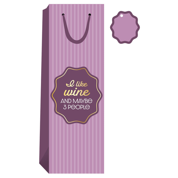 The Drinks On Me “I Like Wine” wine bag is tall with pink-purple stripes, a dark handle, and a funny gold and white label. Includes a matching blank gift tag—perfect hostess gift!.