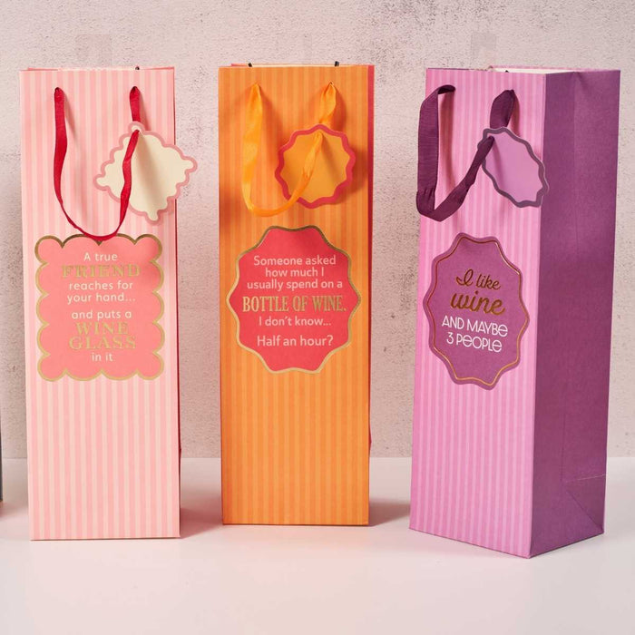 The Drinks On Me "I Like Wine" wine bag is a colorful, reusable gift bag with a funny quote, ribbon, and decorative tag—perfect as a hostess gift or for any wine lover.