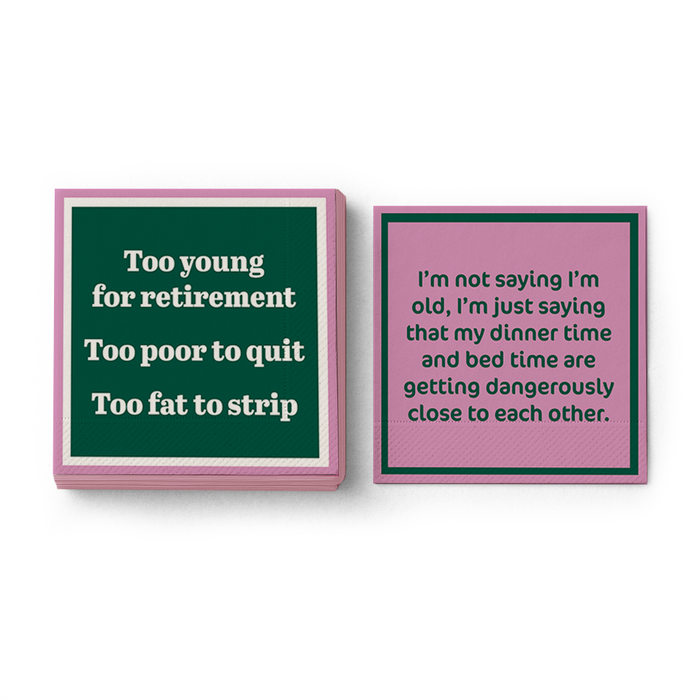 The Drinks On Me "I'm Old Napkin" features witty sayings about retirement and dinner, making it a perfect accessory for your bar cart or a fun addition to birthday parties.