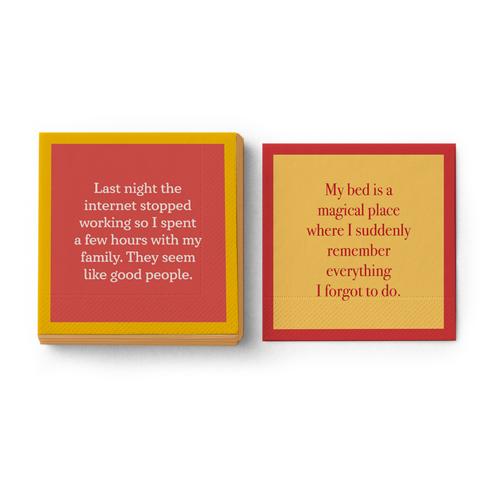The Internet Napkin by Drinks On Me is a funny, colorful cocktail napkin with the quote: "Last night the internet stopped working so I spent a few hours with my family. They seem like good people." Perfect for parties or gifting.