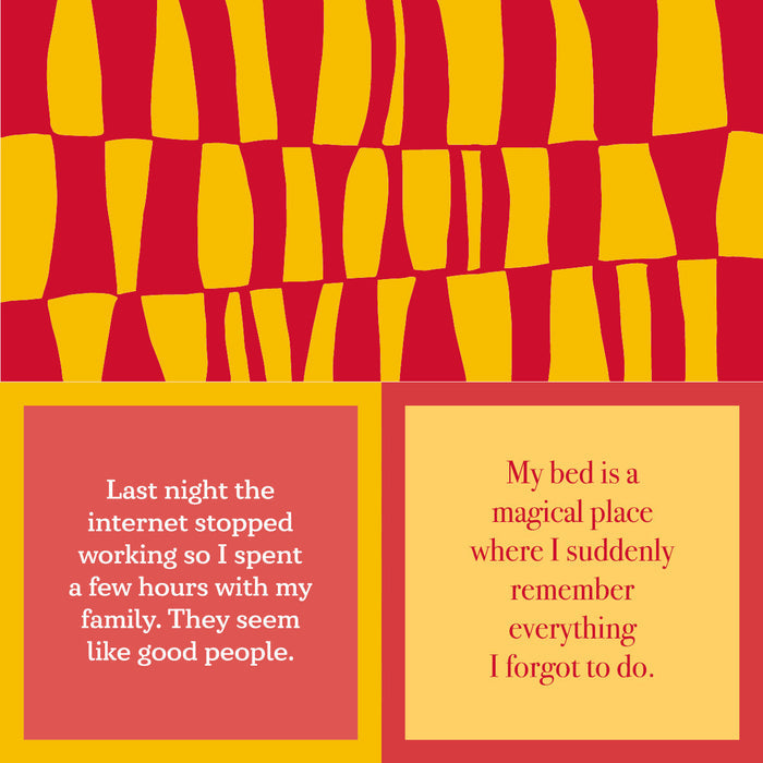 The Internet Napkin by Drinks On Me features a bold red and yellow abstract design above two text boxes with witty lines—perfect as funny cocktail napkins or white elephant gifts, making them must-have bar cart accessories that spark laughter.