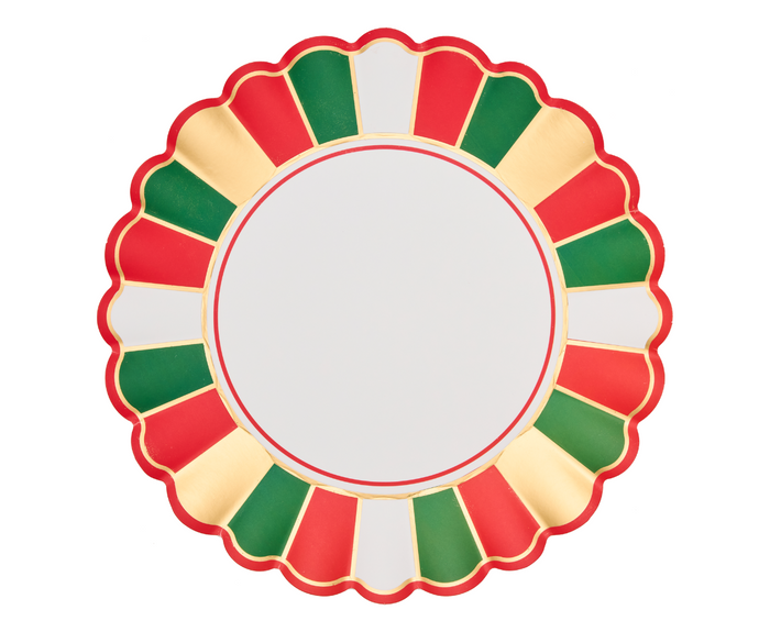 The Sophistiplate Joyful Christmas Dinner Plates (8pk) feature a round scalloped edge, alternating red, green, white & gold borders, and a plain white center—ideal as festive yet elegant disposable holiday plates.