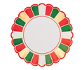 The Sophistiplate Joyful Christmas Dinner Plates (8pk) feature a round scalloped edge, alternating red, green, white & gold borders, and a plain white center—ideal as festive yet elegant disposable holiday plates.