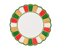 The Sophistiplate Joyful Christmas Salad Plates/8pk feature a round scalloped edge with red, green, white, and gold sections around the rim and a plain white center—ideal for festive gatherings.