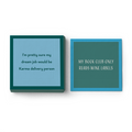 The Drinks On Me Karma Delivery Napkin set features two square cocktail napkins—one with a Karma delivery joke, the other about wine label book clubs—in teal and blue. Ideal as bar cart accessories or gifts to add humor to any gathering.