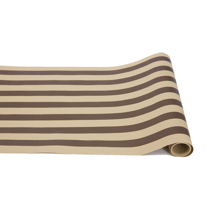 The Hester & Cook Kraft Brown Classic Stripe Runner (20x25") features horizontal brown and beige stripes—ideal for creative gift wrapping or as a stylish paper table runner.