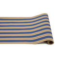 The Hester & Cook Kraft Navy & Red Awning Stripe Runner (20x25") features horizontal blue, beige, and thin red stripes on tan kraft paper—perfect for use as a table runner and shown unrolled on a white surface.