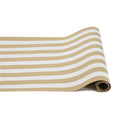 The Hester & Cook Kraft White Classic Runner (20x25") features brown and white horizontal stripes, partially unrolled on a white surface—ideal for festive table settings or unique gift wrapping.