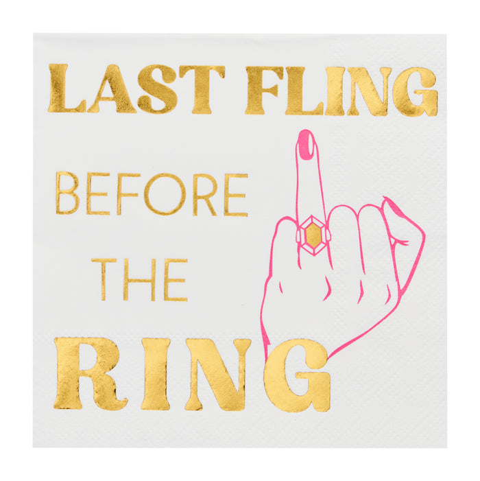 Sugarplum's Last Fling before the Ring Cocktail Napkins (26pk) feature gold napkins with "LAST FLING BEFORE THE RING" text and a pink hand outline—perfect for bachelorette or bridal shower celebrations.