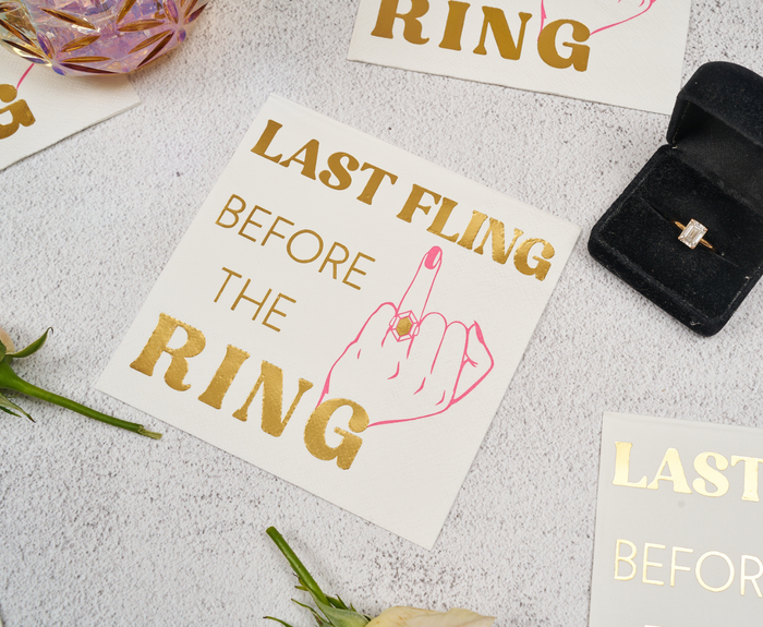 Add a festive touch to your celebration with Sugarplum’s Last Fling before the Ring Cocktail Napkins (26pk)—perfect for bachelorette parties and bridal showers!.