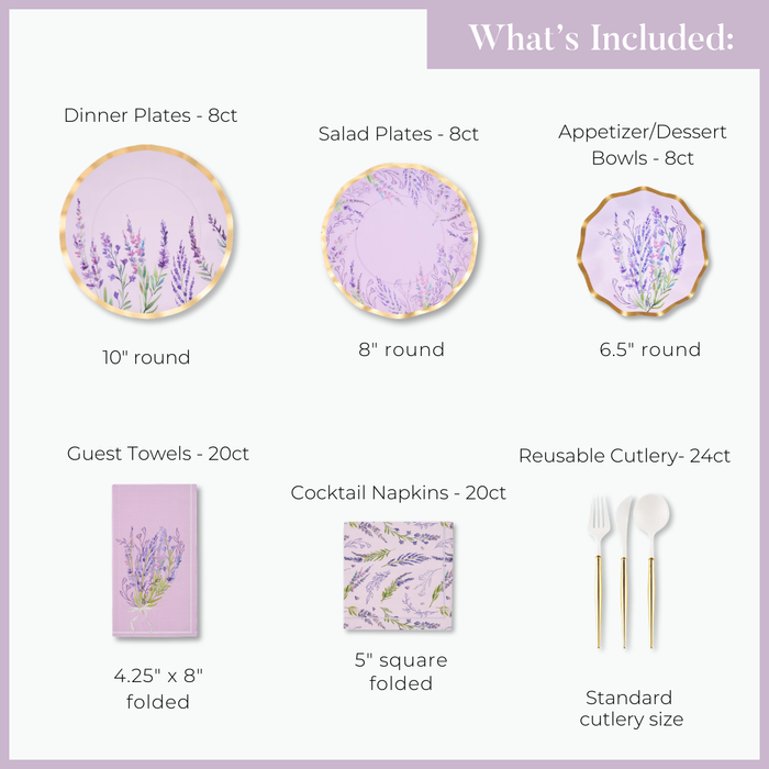 Image showing a What's Included list for the Sophistiplate LLC Lavender Fields Table Setting: 8 dinner plates, 8 salad plates, 8 appetizer/dessert bowls, 20 guest towels, 20 cocktail napkins, and 24 reusable cutlery pieces.
