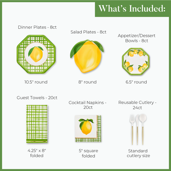 The Sophistiplate Lemon and Stem Table Setting includes designer disposable plates, salad plates, appetizer bowls, guest towels, cocktail napkins, and reusable cutlery; quantities and sizes are listed below each image.