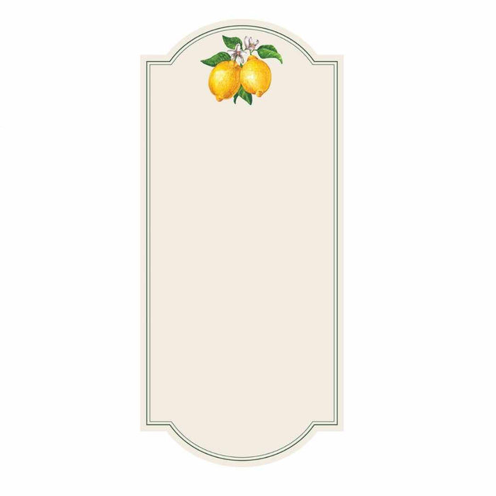 The Lemon Table Card - Pack of 12 by Hester & Cook features a blank beige design with double borders and two lemons with green leaves and white flowers—ideal for elegant table settings or charming lemon-themed place cards.
