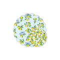 Rosanne Beck's Lemons On Branches Doily Placemats feature scalloped edges, a light blue background, yellow lemons, green leaves, and dainty blue bows for a charming layered table setting.