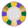 Celebrate Mardi Gras with Sophistiplate’s Let’s Mardi Appetizer/Dessert Bowls (8pk), featuring scalloped edges, vibrant yellow, green, purple, and gold sections plus a white center—ideal for serving festive treats at your party.