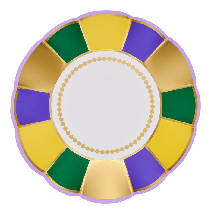 Celebrate Mardi Gras with Sophistiplate’s Let’s Mardi Appetizer/Dessert Bowls (8pk), featuring scalloped edges, vibrant yellow, green, purple, and gold sections plus a white center—ideal for serving festive treats at your party.