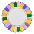 The Sophistiplate Let's Mardi Dinner Plates (8pk) feature a round scalloped edge with alternating gold, green, purple, and yellow sections on the border, a white center, and gold-dotted inner rim—festive for any Mardi Gras celebration.