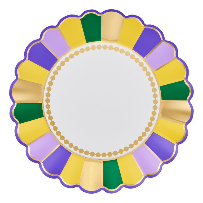 The Sophistiplate Let's Mardi Dinner Plates (8pk) feature a round scalloped edge with alternating gold, green, purple, and yellow sections on the border, a white center, and gold-dotted inner rim—festive for any Mardi Gras celebration.
