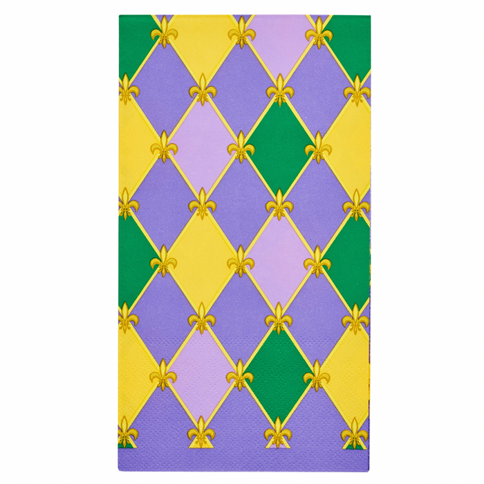 The Let's Mardi Guest Towels/20pk by Sophistiplate feature a rectangular pattern with alternating purple, green, and yellow diamond shapes, accented by yellow fleur-de-lis on a white background—perfect festive napkins for your Mardi Gras celebration.