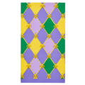 The Let's Mardi Guest Towels/20pk by Sophistiplate feature a rectangular pattern with alternating purple, green, and yellow diamond shapes, accented by yellow fleur-de-lis on a white background—perfect festive napkins for your Mardi Gras celebration.