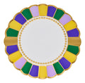 The Sophistiplate Let's Mardi Salad Plates (8pk) feature round scalloped edges, a white center with gold dots, and a festive border in gold, green, purple, and yellow—perfect Mardi Gras plates for any celebration.