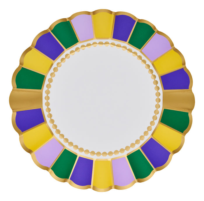 The Sophistiplate Let's Mardi Salad Plates (8pk) feature round scalloped edges, a white center with gold dots, and a festive border in gold, green, purple, and yellow—perfect Mardi Gras plates for any celebration.