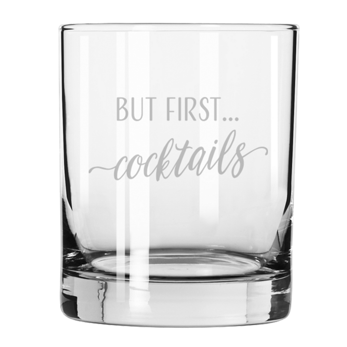The Maple Lexington Double Old Fashion | But First Cocktails | 12.5oz is a laser-engraved glass tumbler featuring "BUT FIRST... cocktails," perfect as a Father's Day gift or for any cocktail lover.
