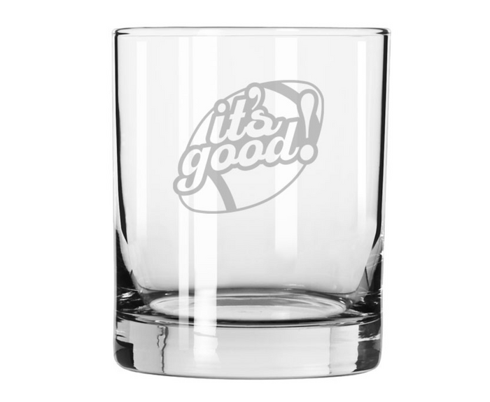 The Maple Lexington Double Old Fashion | It's Good | 12.5oz glass features "It's Good" laser-engraved in a football design—an ideal Father's Day gift. Set against a white background, this unique tumbler is perfect for any sports fan.
