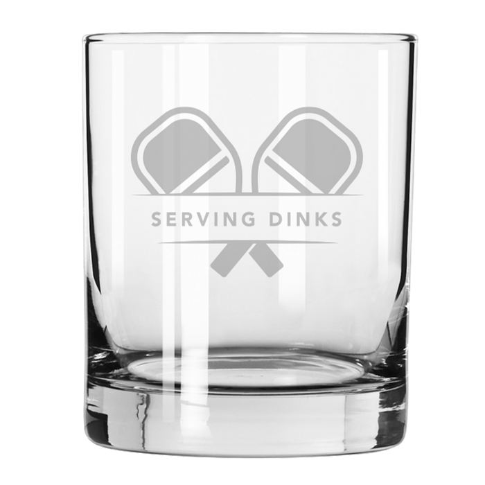 The Maple Lexington Double Old Fashion 12.5oz glass features etched crossed pickleball paddles above "SERVING DINKS"—a perfect Father's Day gift for any pickleball fan.