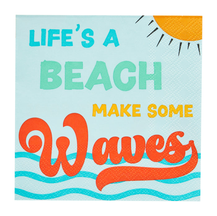 Enjoy summer with Sophistiplate's "Life's a Beach make some Waves" napkins (26pk), featuring bold sun and waves artwork—perfect, colorful additions to your coastal cocktail napkin collection.
