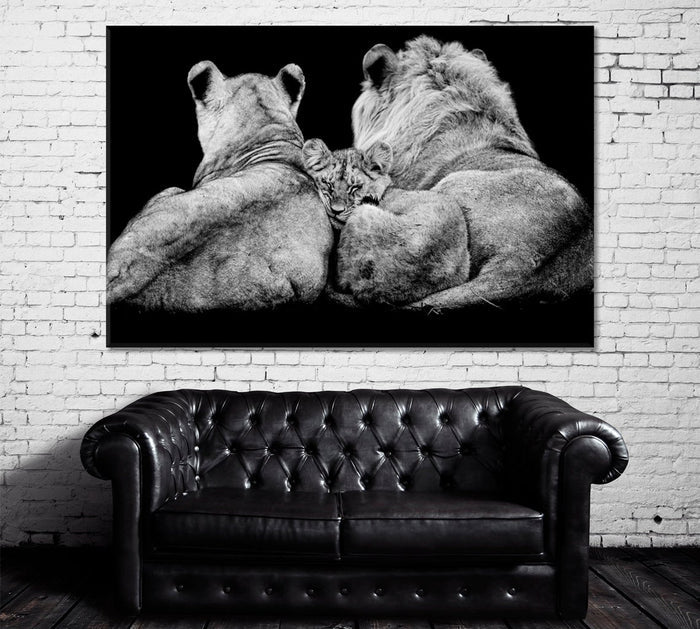 Lion Family in Black And White Wall Art Decor Frame Canvas Printing-1Panel - BlueArtDecor