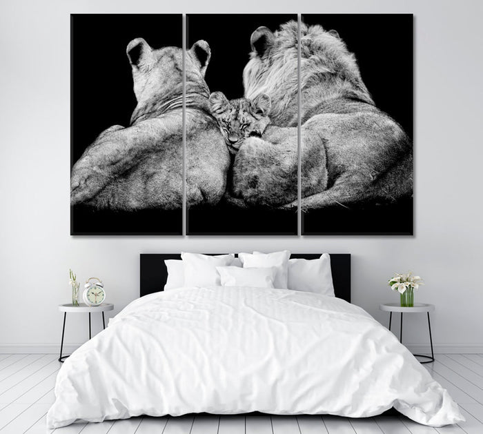 Lion Family in Black And White Wall Art Frame Canvas Printing Decor-3Panels