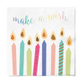 The Sugarplum Lunch Napkin Birthday Candles 2 Ply/16pk features colorful candles with flames along the bottom and "make a wish" in rainbow script, making it perfect for festive birthday celebrations.