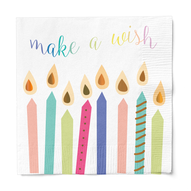 The Sugarplum Lunch Napkin Birthday Candles 2 Ply/16pk features colorful candles with flames along the bottom and "make a wish" in rainbow script, making it perfect for festive birthday celebrations.